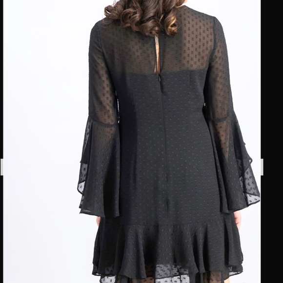 Vince Camuto black sheer Swiss dot ruffle long sleeve cocktail dress size 10 - Picture 3 of 12